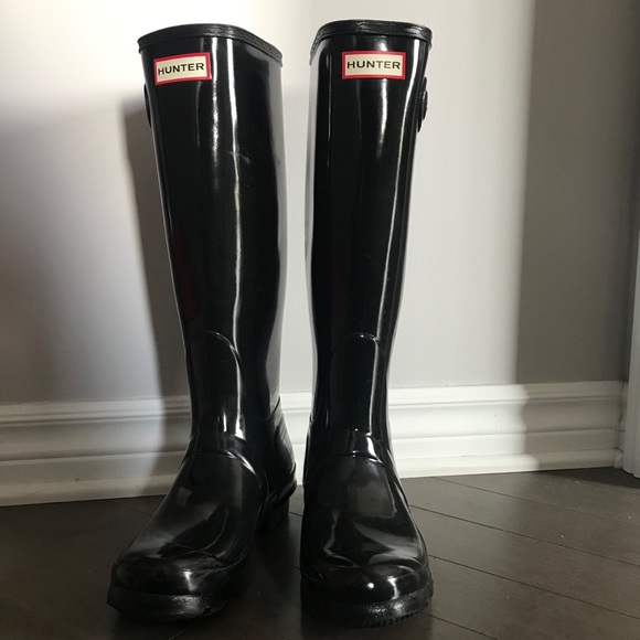 Tall Glossy Black Hunter Rain Boots (Size 7) - Picture 1 of 6